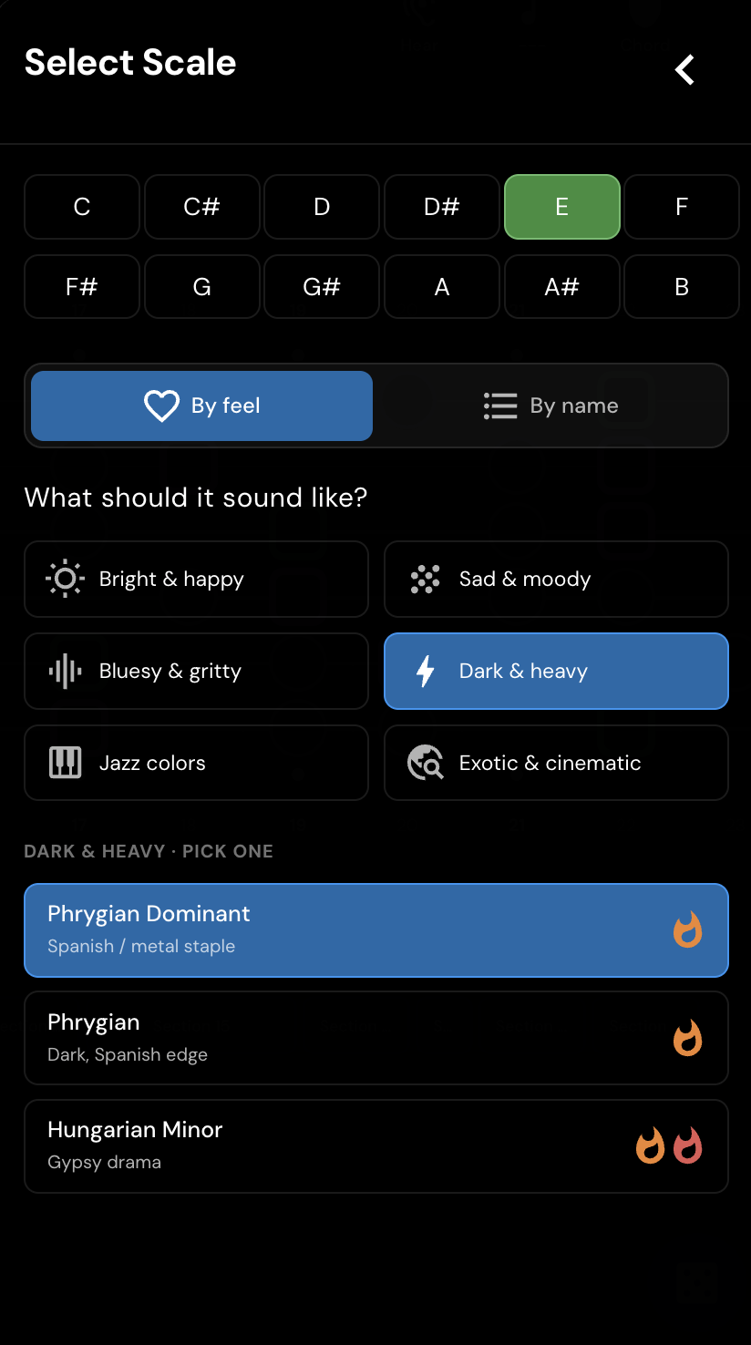 upScale mood picker: choose by feel, Bright & happy, Sad & moody, Dark & heavy, Exotic & cinematic, then a matching scale like Phrygian Dominant.